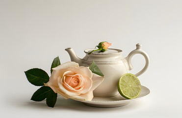 Tea Time Serenity: Watercolor Rose Ceramic Teapot Cup with Lime, Evoking Relaxation and Comfort