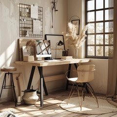 A creative workspace mockup with a trendy desk setup and inspirational decor