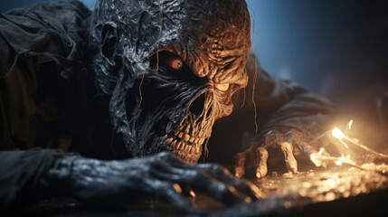 A horrifying monster, with a frightening skeleton skull figure, lurks in the darkness, creating a spine-chilling scene.