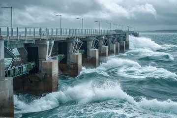 Concrete pier with stormy sea waves crashing during powerful tempest, showcasing raw force of nature and resilience of human engineering amidst chaos and fury of ocean waves