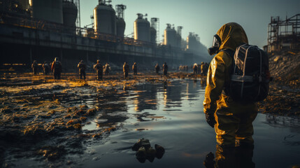 A man in a white chemical protective mask and a radioactive suit is checking harmful substances in water near an industrial plant, dealing with leaks and intentional environmental pollution.
