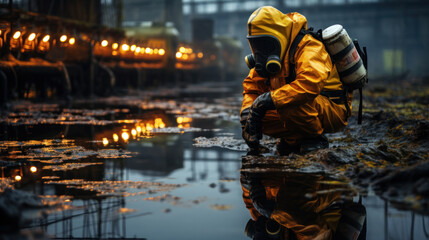 A man in a white chemical protective mask and a radioactive suit is checking harmful substances in water near an industrial plant, dealing with leaks and intentional environmental pollution.