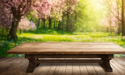 a big wooden table in the garden where the flowers are blooming  - obrazy, fototapety, plakaty