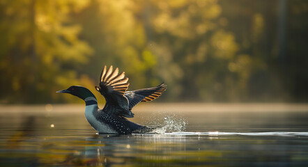 A common loon flapping its wings on a lake