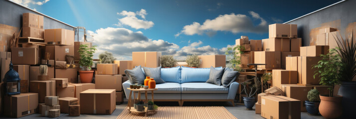 A truck loaded with moving boxes and furniture illustrates the concept of moving services on the blue sky background. - obrazy, fototapety, plakaty