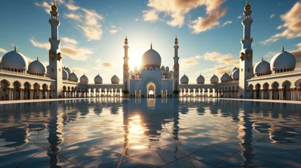 Foto auf Glas Abu Dhabi, The majestic Sheikh Zayed Grand Mosque in Abu Dhabi, UAE, stands as an iconic symbol of architectural beauty and cultural richness. © tong2530