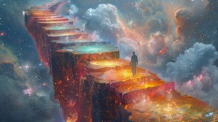 A figure walking across a bridge made of colorful crystals surrounded by a starry sky and galaxies. It signifies the pathways that connect us to different realms and dimensions.