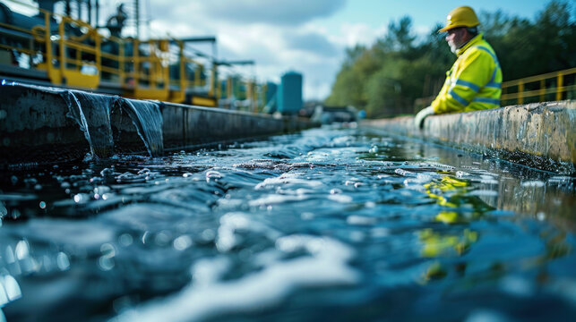 A service engineer is seen inspecting a waste water treatment plant, with pumps in the background, while a worker is busy tending to the plant's operations.