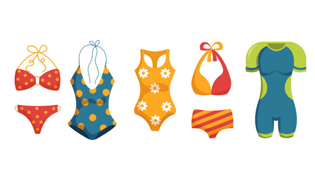 Swimwear collection. Set of different types Women's Swimwear. Split, One-piece and Sport swimsuit. Flat style. Vector illustration  isolated on white background