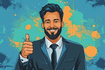 Businessman in suit giving thumbs up.