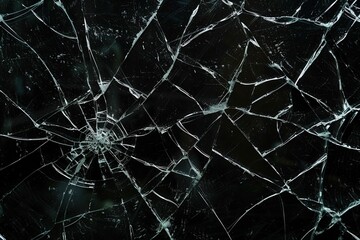 Cracked glass on black background. - obrazy, fototapety, plakaty