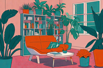 Risograph-styled illustration. Interior design of room with plants and books. Cozy and stylish ambiance.