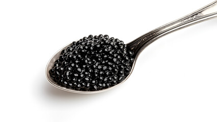 Spoon of black caviar isolated on white. Heaped spoon of black caviar on white background. Silver spoon with luxurious black caviar. Isolated spoonful of black caviar, source of omega-3 fatty acids - obrazy, fototapety, plakaty