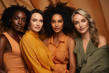 Fototapeta premium Four women with different hair colors and styles are posing for a photo