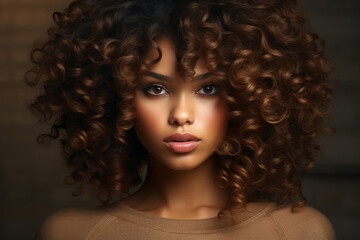Fototapeta premium A woman with curly hair is smiling at the camera