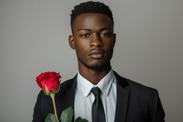 Young black man in suit holding red rose. - obrazy, fototapety, plakaty
