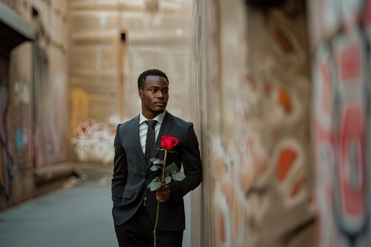 Young black man in suit holding red rose.