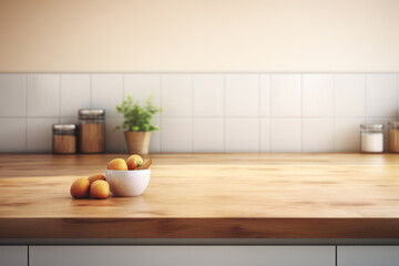 Fototapeta na wymiar A bowl of fruit sits on a wooden countertop