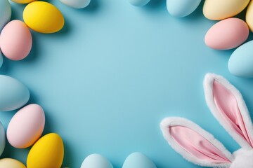 Obraz premium A blue background with a bunch of eggs and a pair of bunny ears