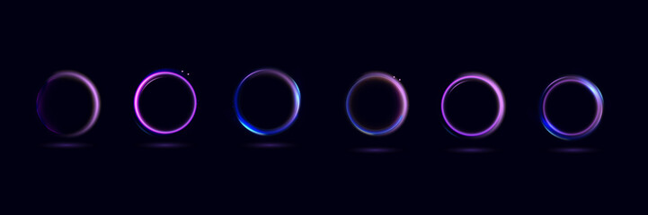 Neon swirl. Curve blue line light effect. Abstract ring background with glowing swirling background. Energy flow tunnel. Blue portal, platform. Magic circle vector.