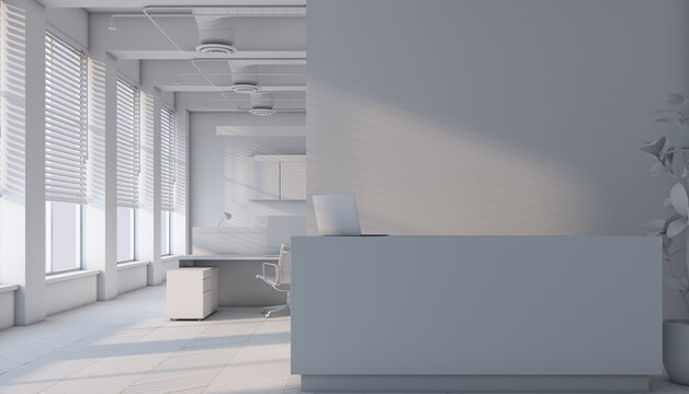 White and gray office hall and white reception desk with mockup laptop, open space area in 3d background, co working space with city view, empty room with sunny day, office furniture, 3d rendering