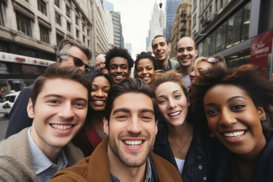 A group of people are smiling for a picture in a city