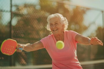 Old woman playing pickleball.