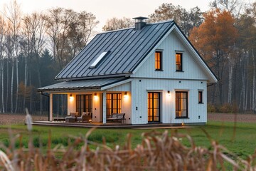 Modern farmhouse with gabled roof constructed by board and batten.