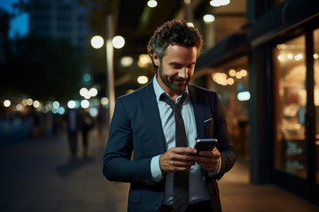 A man in a suit is looking at his cell phone while walking down a street