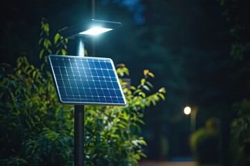 Close-up of a solar panel capturing sunlight, with a street lamp in the background illuminating the serene night scene, showcasing the beauty of renewable energy in urban settings.