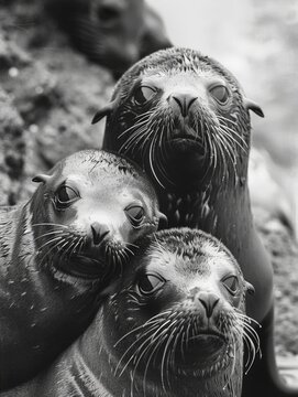 Three seals are standing next to each other, with their eyes closed