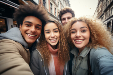Four young people with curly hair are smiling for a picture