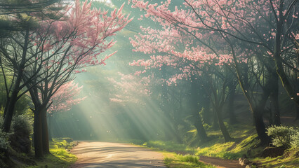 Fototapeta premium Springtime Sunbeam in a Cherry Forest