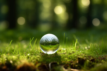 A golf ball is sitting on a green field
