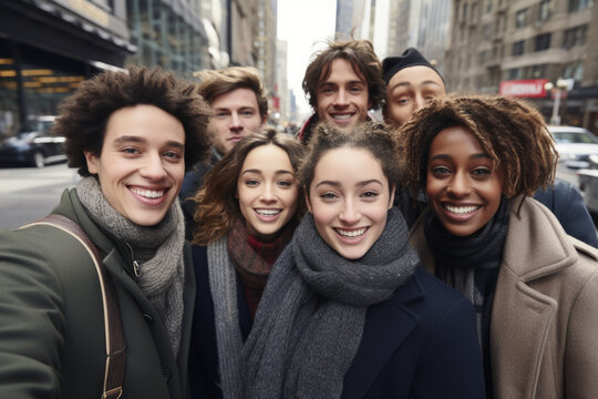 A group of people are smiling and posing for a picture on a city street