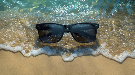Fototapeta na wymiar Sunglasses Resting on Sandy Beach