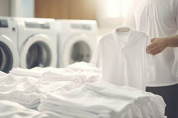 A person is holding a white shirt in front of a pile of white clothes