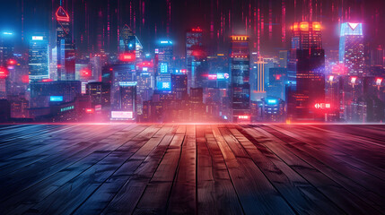 wood texture background set in a cyberpunk megacity, with neon lights, holographic advertisements, and towering skyscrapers reflected in the wood grain