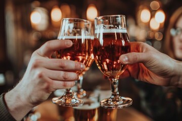 Two glasses of draft beer with froth, held up for a toast against blurred background of a bar with warm lighting and two unrecognizable people enjoying a social gathering - obrazy, fototapety, plakaty