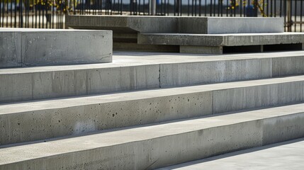 The grey concrete steps and railings create a strong and sy foundation for the seating structure.