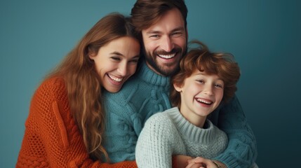 Fototapeta premium A family of three, a man and two children, are hugging each other and smiling