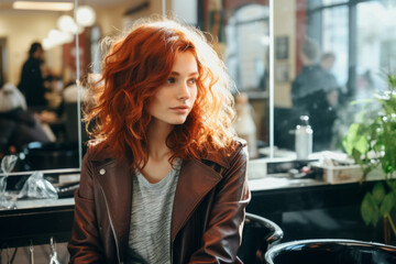 A woman with red hair sits in a chair in a salon