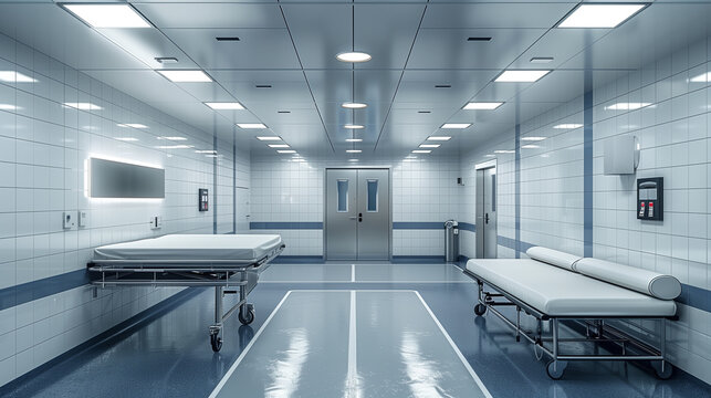 A new modern morgue in a hospital setting, designed with sleek surfaces, clinical equipment, and advanced refrigeration units.
