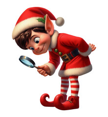 A Christmas Elf searching for clues with a magnifying glass, isolated on a transparent background