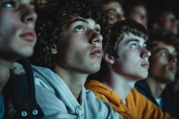 Diverse group of young men from various cultural backgrounds gathered in a dimly lit room, engrossed and focused on the screen in front of them with anticipation, excitement, and curiosity