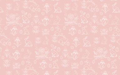 Cute hand-drawn Easter seamless pattern featuring bunnies, flowers, Easter eggs, and a beautiful background. Ideal for Easter cards, banners, textiles, wallpapers - vector design