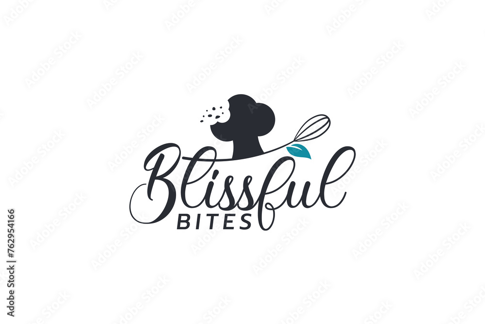 Canvas Prints blissful bites logo with a combination of a bitten chef's hat, whisk, and beautiful lettering for cafes, restaurants, bakery shops, etc.
