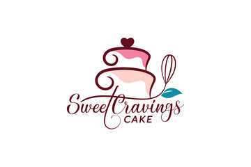 sweet cravings cake logo with a combination of cake, whisk, leaf, and beautiful lettering for cafes, restaurants, bakery shops, etc.
