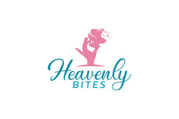 heavenly bites logo with a combination of a woman's hand holding a bitten cupcake and beautiful lettering for cafes, restaurants, bakery shops, etc.
