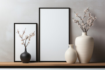 A white framed picture sits on a shelf next to two vases